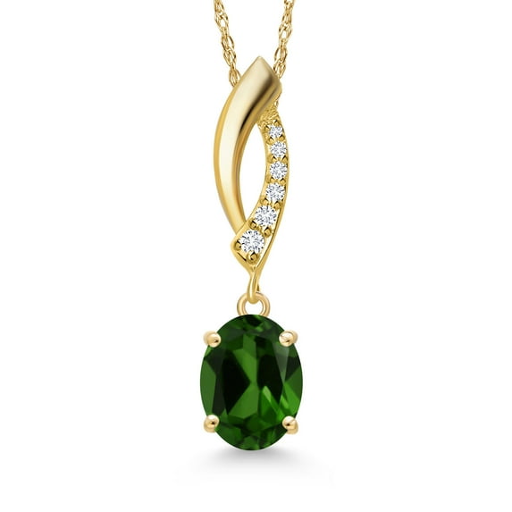 Gem Stone King 14K Yellow Gold Green Chrome Diopside and Lab Grown Diamond Pendant Necklace for Women | 1.23 Cttw | Gemstone Birthstone | Oval 8X6MM | With 18 inch Chain