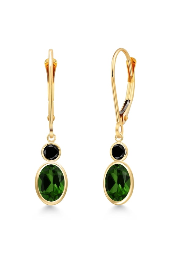 14K Yellow Gold Green Chrome Diopside and Black Diamond Dangle Earrings for Women | 1.60 Cttw | Gemstone Birthstone | Oval 7X5MM