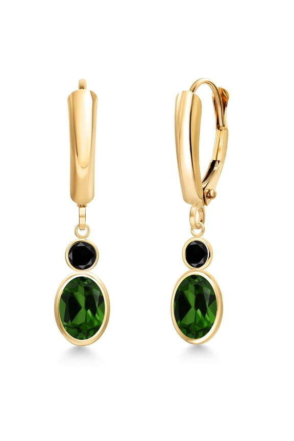 14K Yellow Gold Green Chrome Diopside and Black Diamond Dangle Earrings for Women | 1.60 Cttw | Gemstone Birthstone | Oval 7X5MM