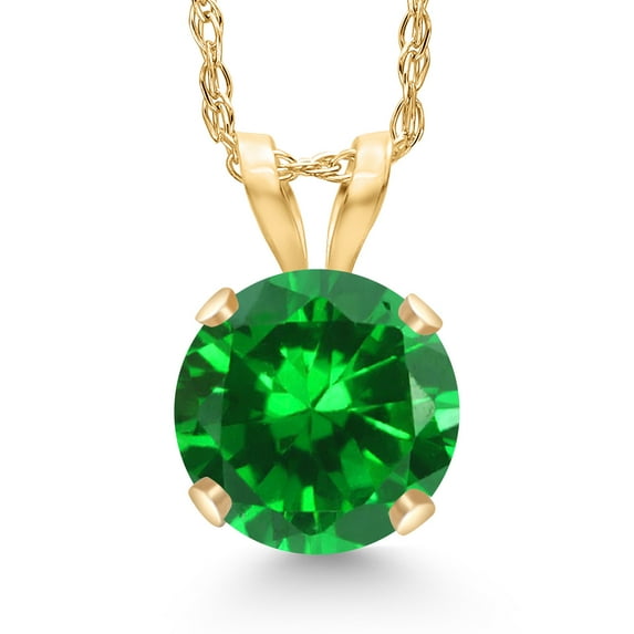 Gem Stone King 14K Yellow Gold Green Created Emerald Pendant Necklace for Women | 1.00 Cttw | Gemstone May Birthstone | Round 6MM | With 18 inch Chain