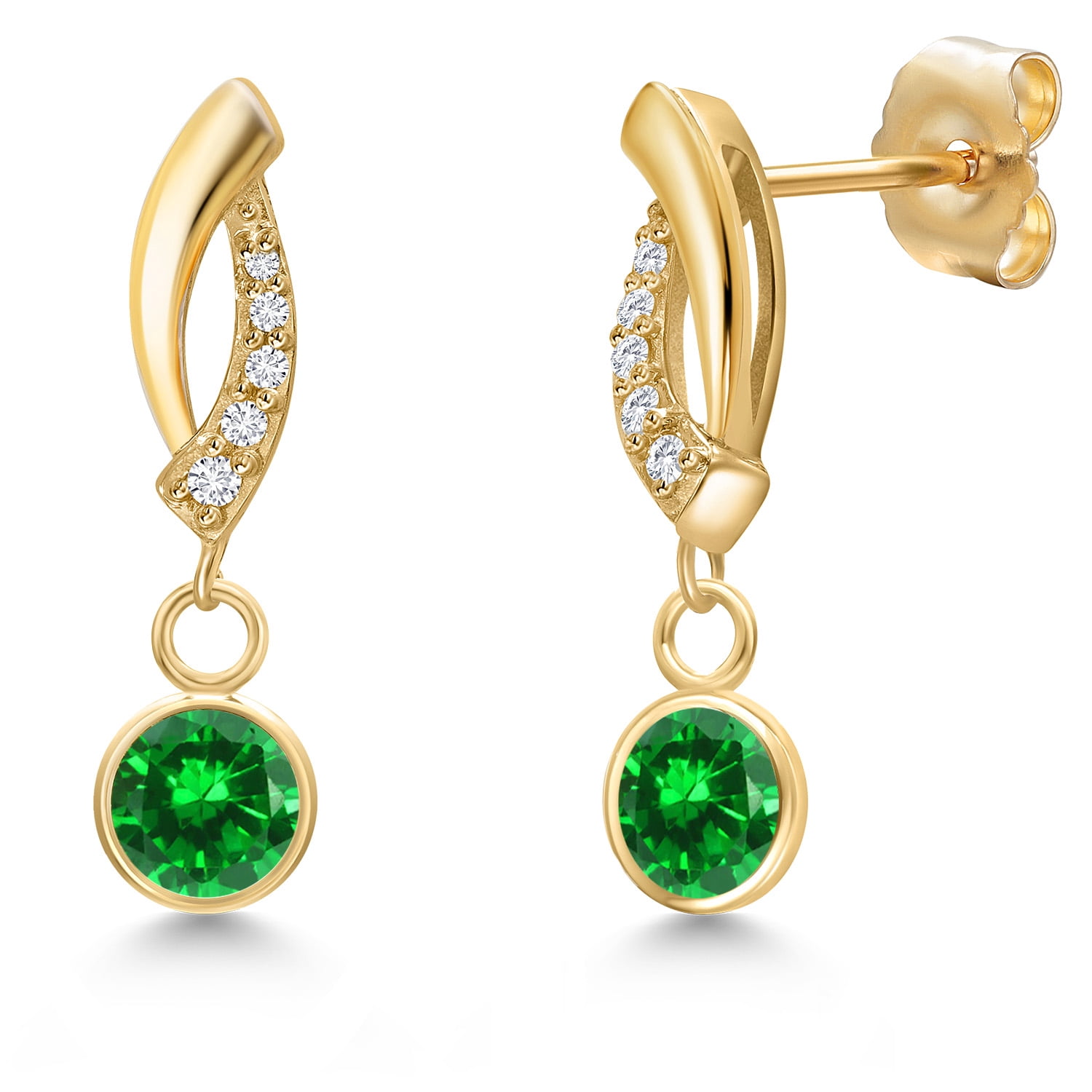 Gem Stone King 14K Yellow Gold Green Created Emerald and Lab Grown Diamond Earrings for Women | 1.73 Cttw | Gemstone May Birthstone | Round 5MM