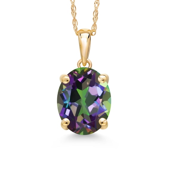 Gem Stone King 14K Yellow Gold Green Mystic Quartz Pendant Necklace | 3.00 Cttw | Gemstone Birthstone | Oval 10X8MM | Gold Necklace for Women | With 18 inch Gold Chain