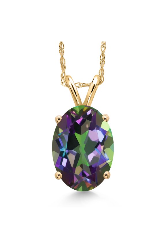 14K Yellow Gold Green Mystic Quartz Pendant Necklace for Women | 3.00 Cttw | Gemstone Birthstone | Oval 10X8MM | With 18 inch Chain
