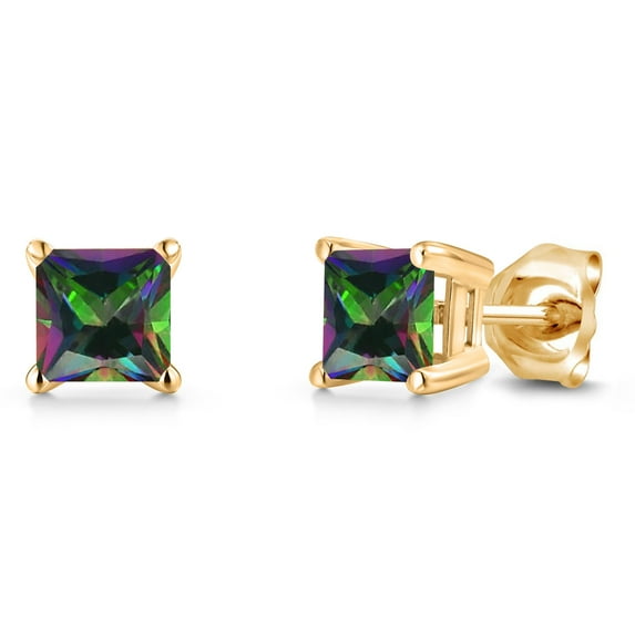 Gem Stone King 14K Yellow Gold Green Mystic Topaz Double Notch Stud Earrings | 1.60 Cttw | Gemstone November Birthstone | Princess 5MM | Gold Earrings for Women Men