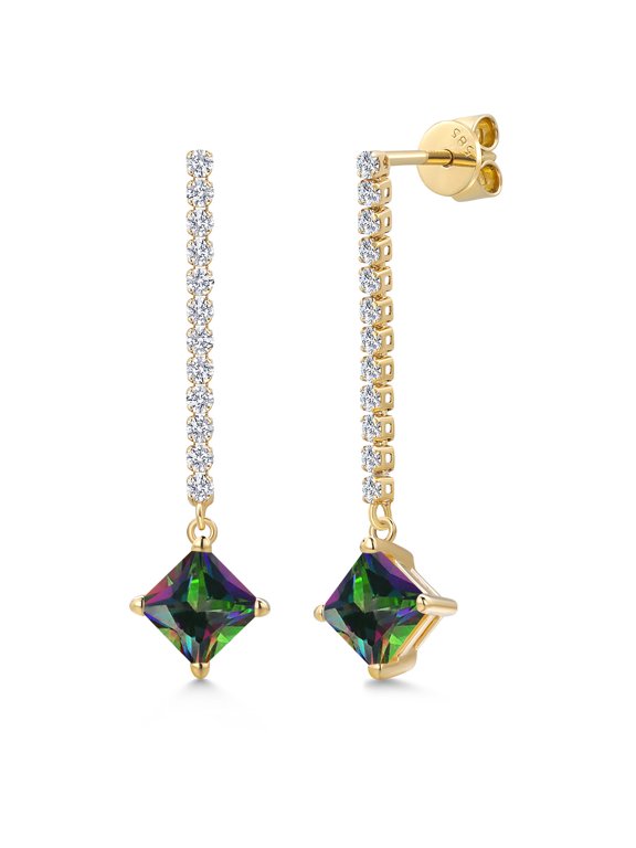 14K Yellow Gold Green Mystic Topaz and Lab Grown Diamond Dangle Earrings for Women | 2.76 Cttw | Gemstone November Birthstone | Princess 6MM