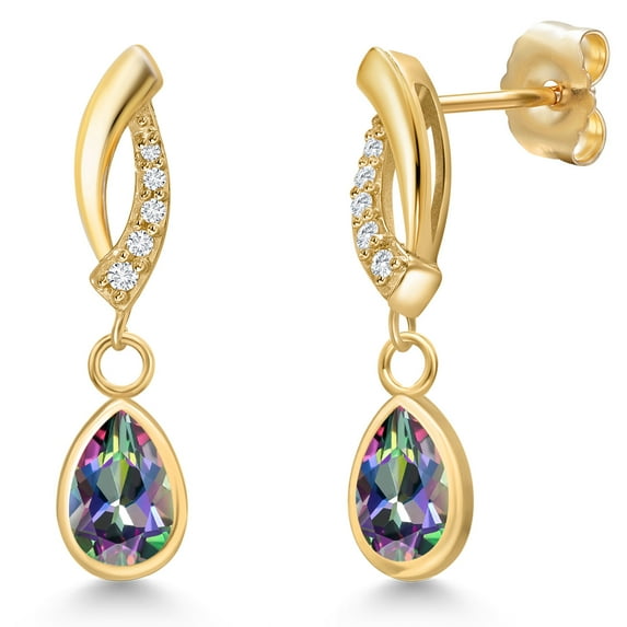 Gem Stone King 14K Yellow Gold Green Mystic Topaz and Lab Grown Diamond Earrings for Women | 1.85 Cttw | Gemstone November Birthstone | Pear Shape 7X5MM