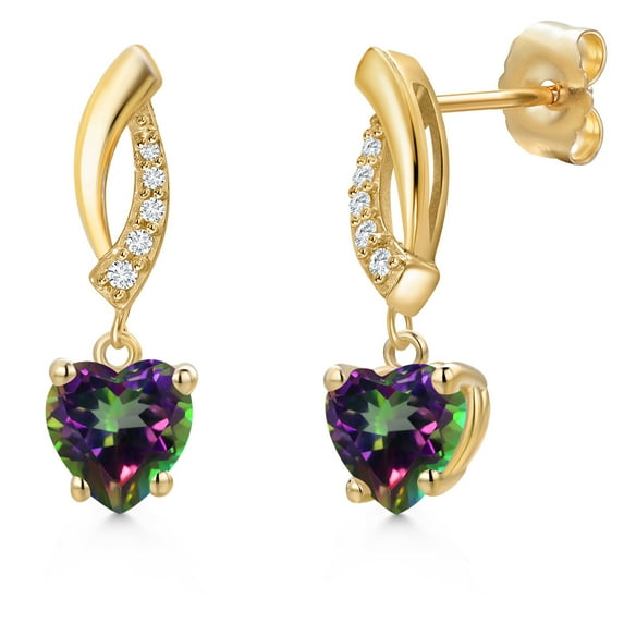 Gem Stone King 14K Yellow Gold Green Mystic Topaz and Lab Grown Diamond Earrings for Women | 1.95 Cttw | Gemstone November Birthstone | Heart Shape 6MM