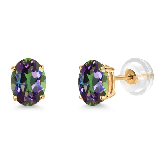 Gem Stone King 14K Yellow Gold Green Mystic Topaz Stud Basket Setting Earrings for Women Men (1.60 Cttw, Gemstone Birthstone, Oval 7X5MM)