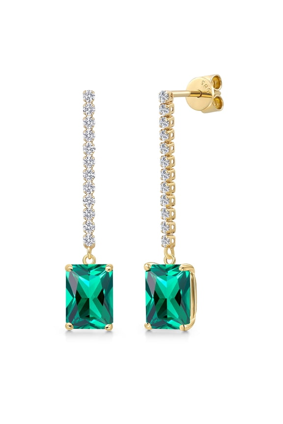 14K Yellow Gold Green Nano Emerald and Lab Grown Diamond Dangle Earrings for Women | 4.36 Cttw | Gemstone May Birthstone | Emerald Cut 9X7MM