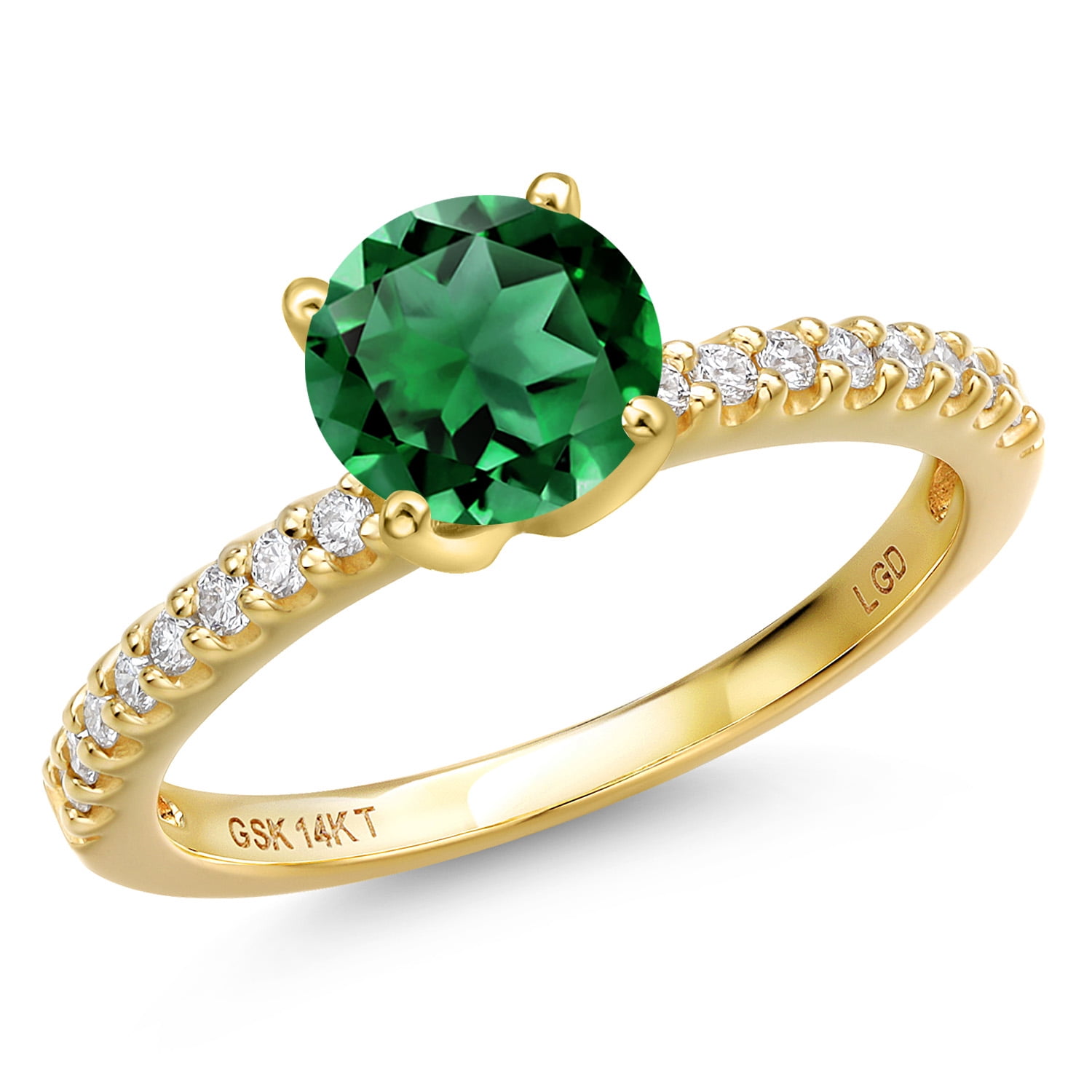 Gem Stone King 14K Yellow Gold Green Nano Emerald and Lab Grown Diamond Engagement Ring for Women | 1.38 Cttw | Round 7MM | Gemstone Birthstone | Wedding Engagement Anniversary Ring| Size 8
