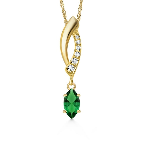 Gem Stone King 14K Yellow Gold Green Nano Emerald and Lab Grown Diamond Pendant Necklace for Women | 0.23 Cttw | Gemstone May Birthstone | Marquise 6X3MM | With 18 inch Chain
