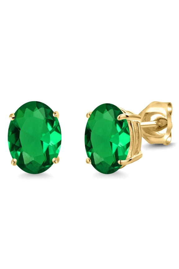 14K Yellow Gold Green Nano Emerald Stud Earrings for Women Men (2.00 Cttw, Gemstone February Birthstone, Oval 8X6MM)