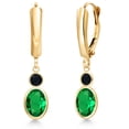 thumbnail image 1 of Gem Stone King 14K Yellow Gold Green Nano Emerald and Black Onyx Dangle Earrings for Women | 1.40 Cttw | Gemstone May Birthstone | Oval 7X5MM, 1 of 6