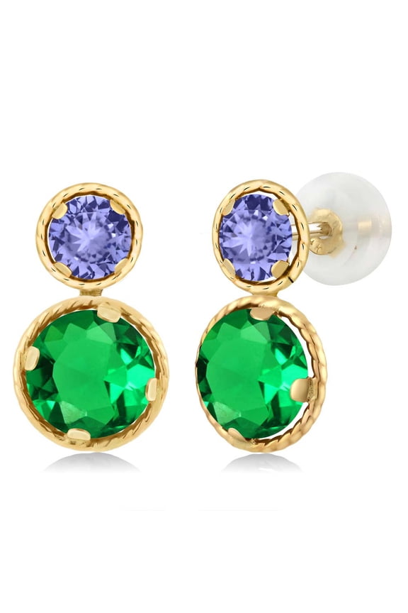 14K Yellow Gold Green Nano Emerald and Blue Tanzanite Earrings for Women (2.14 Cttw, Gemstone May Birthstone, Round Cut 6MM and 4MM)