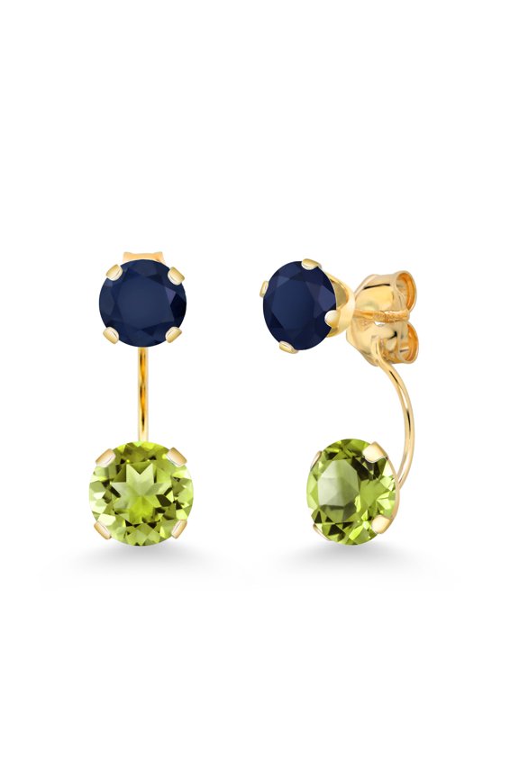 14K Yellow Gold Green Peridot and Blue Sapphire Stud Earrings for Women | 3.20 Cttw | Gemstone August Birthstone | Round 6MM