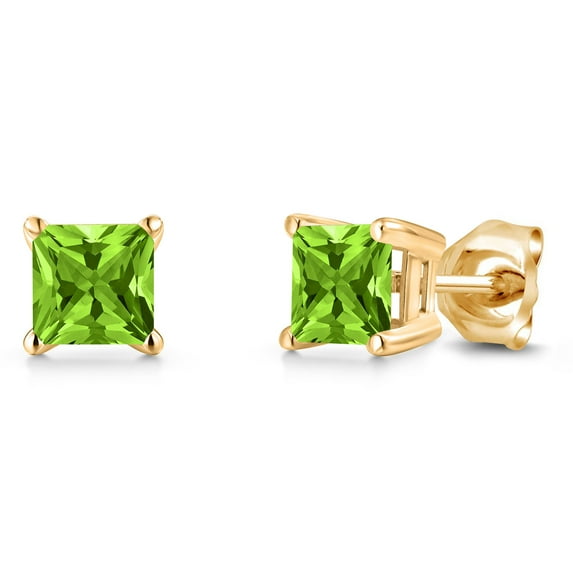 Gem Stone King 14K Yellow Gold Green Peridot Double Notch Stud Earrings | 1.46 Cttw | Gemstone August Birthstone | Princess 5MM | Gold Earrings for Women Men