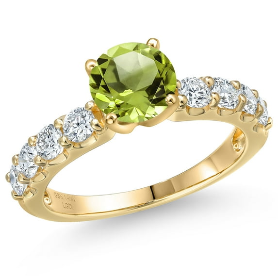 Gem Stone King 14K Yellow Gold Green Peridot and Lab Grown Diamond Engagement Ring for Women | 2.33 Cttw | Round 7MM | Gemstone August Birthstone | Size 7