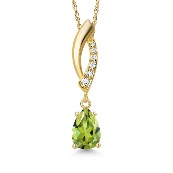 Gem Stone King 14K Yellow Gold Green Peridot and Lab Grown Diamond Pendant Necklace for Women | 0.71 Cttw | Gemstone August Birthstone | Pear Shape 7X5MM | With 18 inch Chain