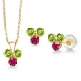 thumbnail image 1 of Gem Stone King 14K Yellow Gold Green Peridot and Red Ruby 3 Stone Pendant and Earrings Jewelry Set for Women (1.19 Cttw, Round 3MM, with 18 inch Chain), 1 of 3