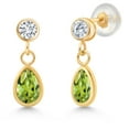 thumbnail image 1 of Gem Stone King 14K Yellow Gold Green Peridot and White Lab Grown Diamond Dangle Earrings for Women (1.03 Cttw, Gemstone August Birthstone, Pear Shape 6X4MM, Round 3MM), 1 of 5