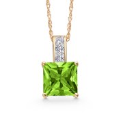 Gem Stone King 14K Yellow Gold Green Peridot and White Lab Grown Diamond Pendant Necklace for Women | 1.18 Cttw | Gemstone August Birthstone | Princess 6MM | With 18 inch Chain