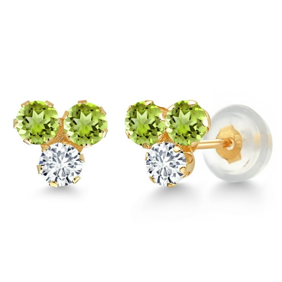 Gem Stone King 14K Yellow Gold Green Peridot and White Lab Grown Diamond Three Stone Stud Earrings for Women (0.68 Cttw, Gemstone August Birthstone, Round 3MM)