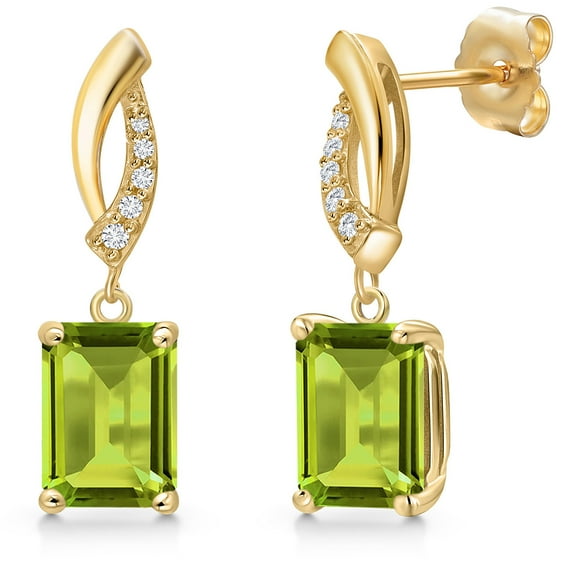 Gem Stone King 14K Yellow Gold Green Peridot and Lab Grown Diamond Earrings for Women | 3.25 Cttw | Gemstone August Birthstone | Emerald Cut 8X6MM