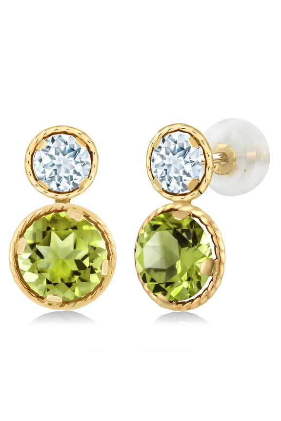 14K Yellow Gold Green Peridot and Sky Blue Aquamarine Earrings for Women (2.5 Cttw, Gemstone August Birthstone, Round Cut 6MM and 4MM)