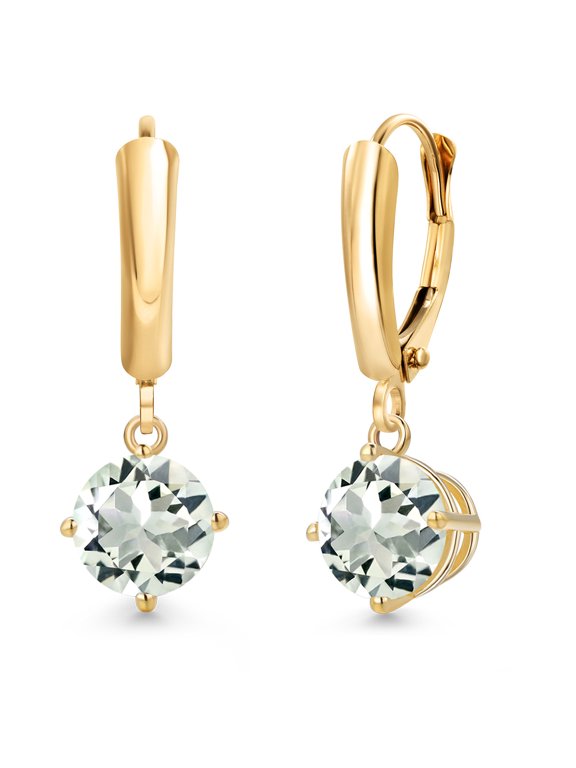 14K Yellow Gold Green Prasiolite Dangle Earrings for Women | 2.20 Cttw | Gemstone Birthstone | Round 7MM