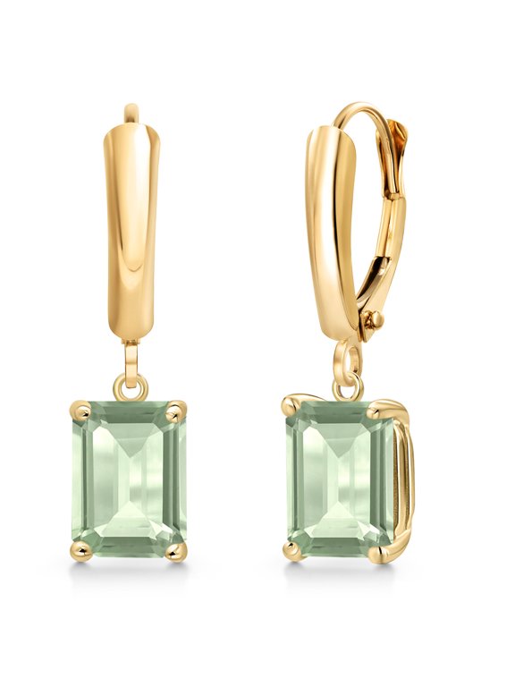 14K Yellow Gold Green Prasiolite Dangle Earrings for Women | 3.00 Cttw | Gemstone Birthstone | Emerald Cut 8X6MM