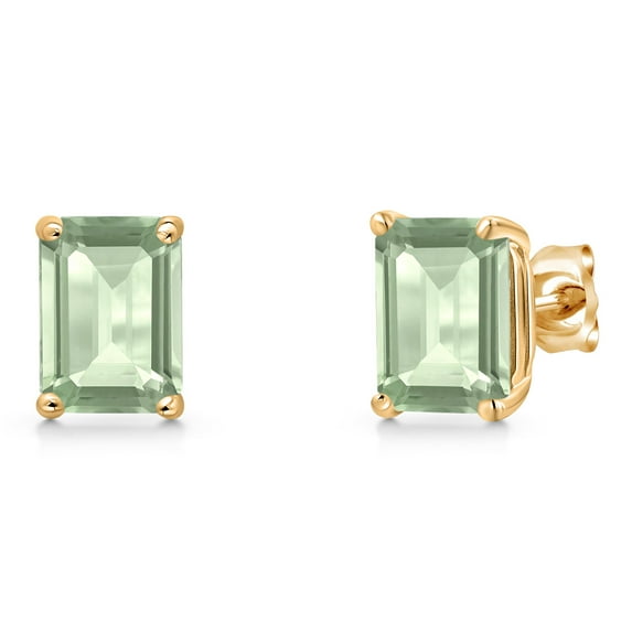 Gem Stone King 14K Yellow Gold Green Prasiolite Double Notch Stud Earrings| 3.00 Cttw | Gemstone Birthstone | Emerald Cut 8X6MM | Basket Setting | Gold Earrings for Women Men