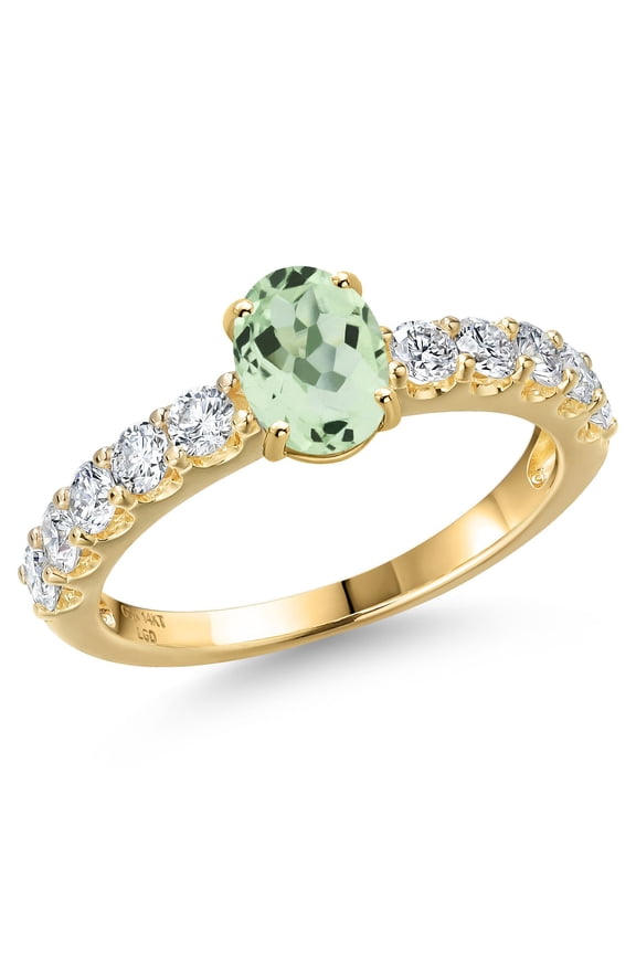 14K Yellow Gold Green Prasiolite and Lab Grown Diamond Engagement Ring for Women | 1.40 Cttw | Oval 7X5MM | Gemstone Birthstone | Size 7