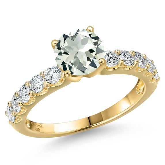 Gem Stone King 14K Yellow Gold Green Prasiolite and Lab Grown Diamond Engagement Ring for Women | 1.45 Cttw | Round 6MM | Gemstone Birthstone | Size 5