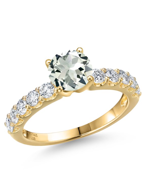 14K Yellow Gold Green Prasiolite and Lab Grown Diamond Engagement Ring for Women | 1.45 Cttw | Round 6MM | Gemstone Birthstone | Size 6