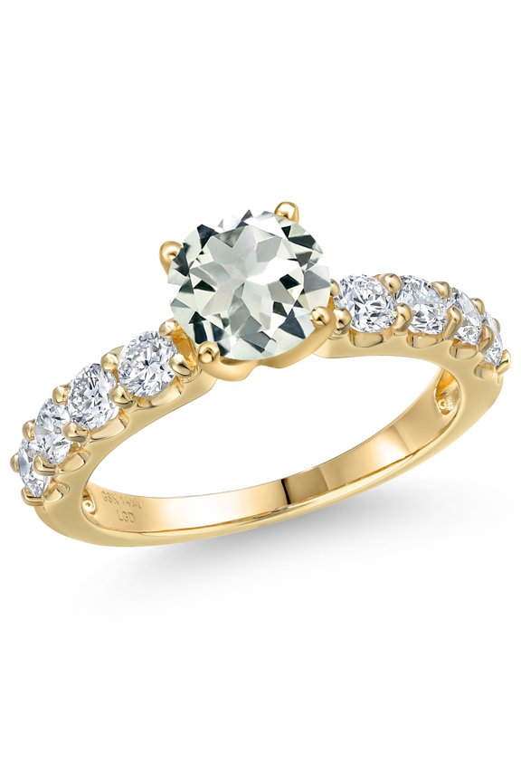14K Yellow Gold Green Prasiolite and Lab Grown Diamond Engagement Ring for Women | 1.98 Cttw | Round 7MM | Gemstone Birthstone | Size 5