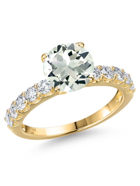 14K Yellow Gold Green Prasiolite and Lab Grown Diamond Engagement Ring for Women | 2.50 Cttw | Round 8MM | Gemstone Birthstone | Size 9
