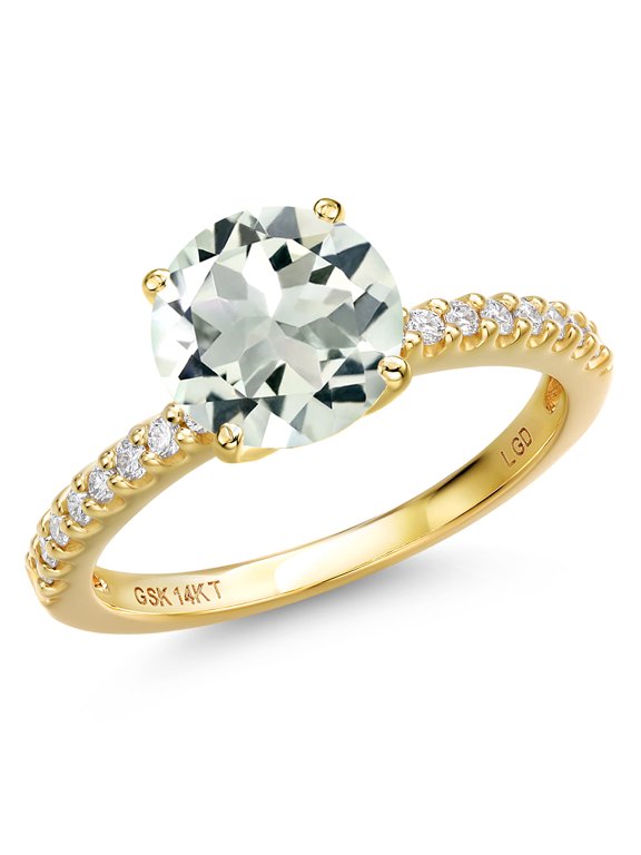 14K Yellow Gold Green Prasiolite and Lab Grown Diamond Engagement Ring for Women | 2.56 Cttw | Round 9MM | Gemstone Birthstone | Size 6