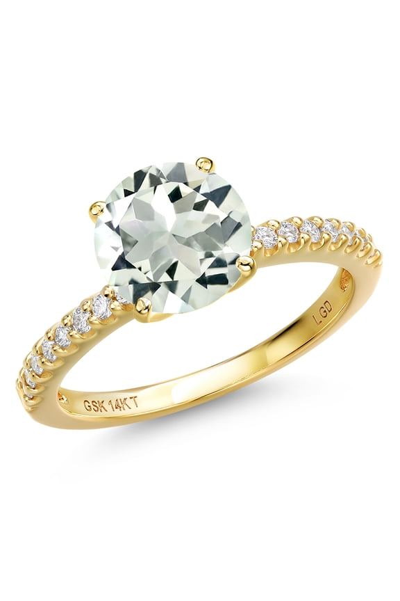 14K Yellow Gold Green Prasiolite and Lab Grown Diamond Engagement Ring for Women | 2.56 Cttw | Round 9MM | Gemstone Birthstone | Size 8