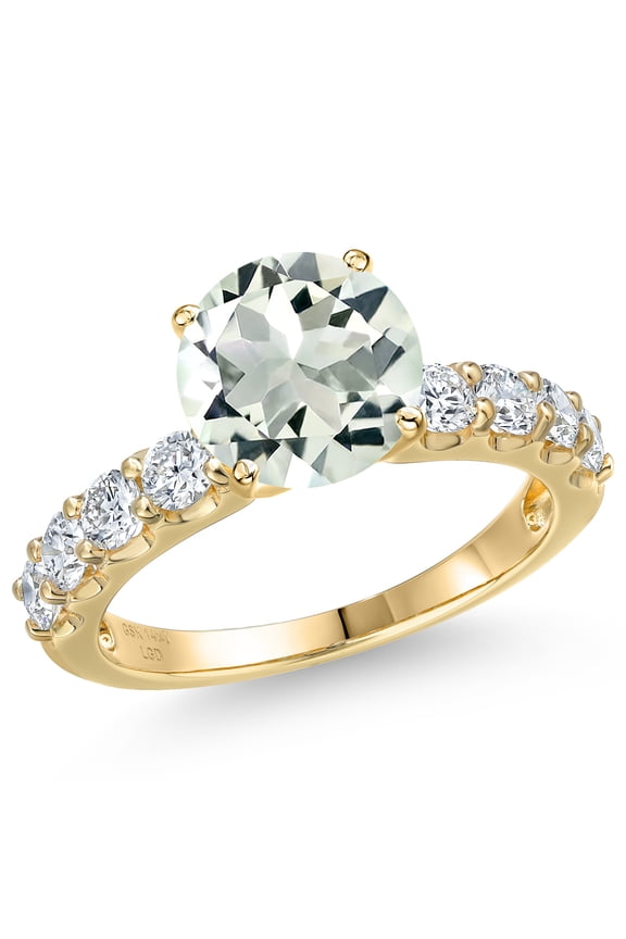 14K Yellow Gold Green Prasiolite and Lab Grown Diamond Engagement Ring for Women | 3.28 Cttw | Round 9MM | Gemstone Birthstone | Size 5