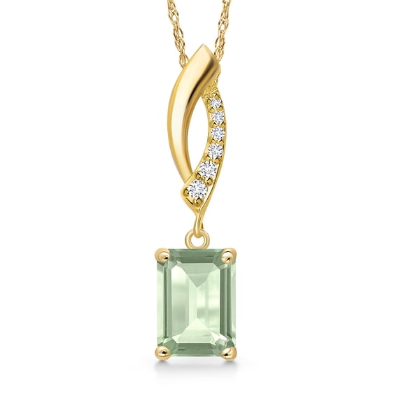 Gem Stone King 14K Yellow Gold Green Prasiolite and Lab Grown Diamond Pendant Necklace for Women | 1.53 Cttw | Gemstone Birthstone | Emerald Cut 8X6MM | With 18 inch Chain
