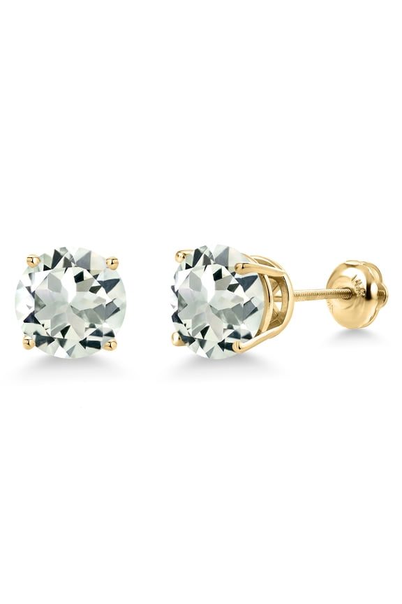 14K Yellow Gold Green Prasiolite Stud Earrings for Women | 3.70 Cttw | Gemstone Birthstone | Round 8MM