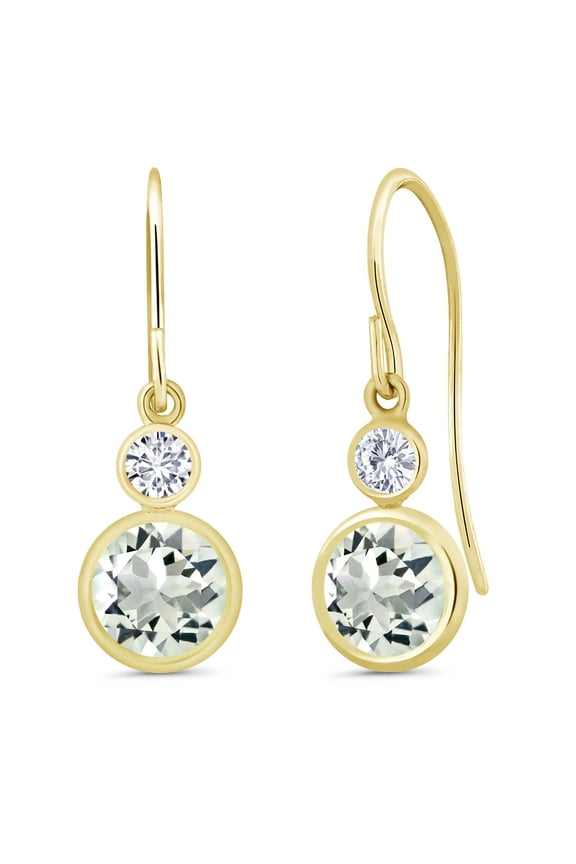 14K Yellow Gold Green Prasiolite and White Lab Grown Diamond Drop Dangle Earrings for Women | 1.80 Cttw | Gemstone Birthstone | Round 6MM and 3MM