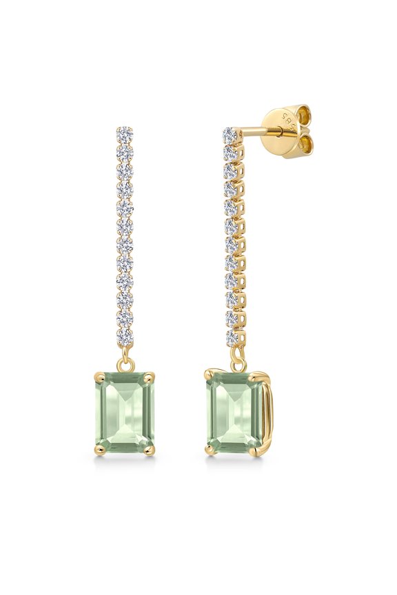 14K Yellow Gold Green Prasiolite and Lab Grown Diamond Dangle Earrings for Women | 3.36 Cttw | Gemstone Birthstone | Emerald Cut 8X6MM
