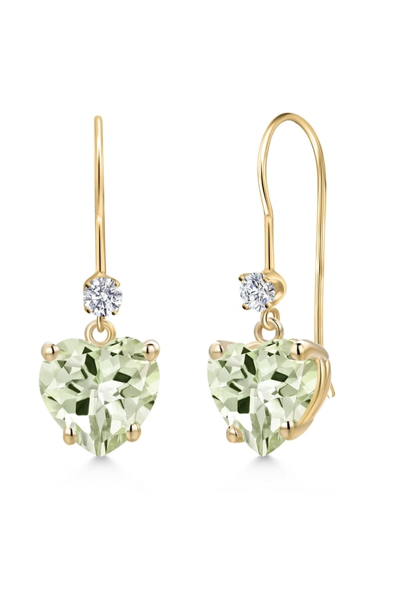 14K Yellow Gold Green Prasiolite and Lab Grown Diamond Dangle Earrings for Women | 3.63 Cttw | Gemstone Birthstone | Heart Shape 8MM