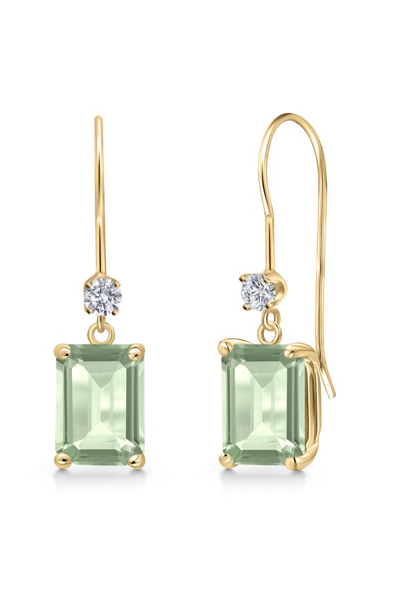14K Yellow Gold Green Prasiolite and Lab Grown Diamond Earrings for Women | 3.13 Cttw | Gemstone Birthstone | Emerald Cut 8X6MM