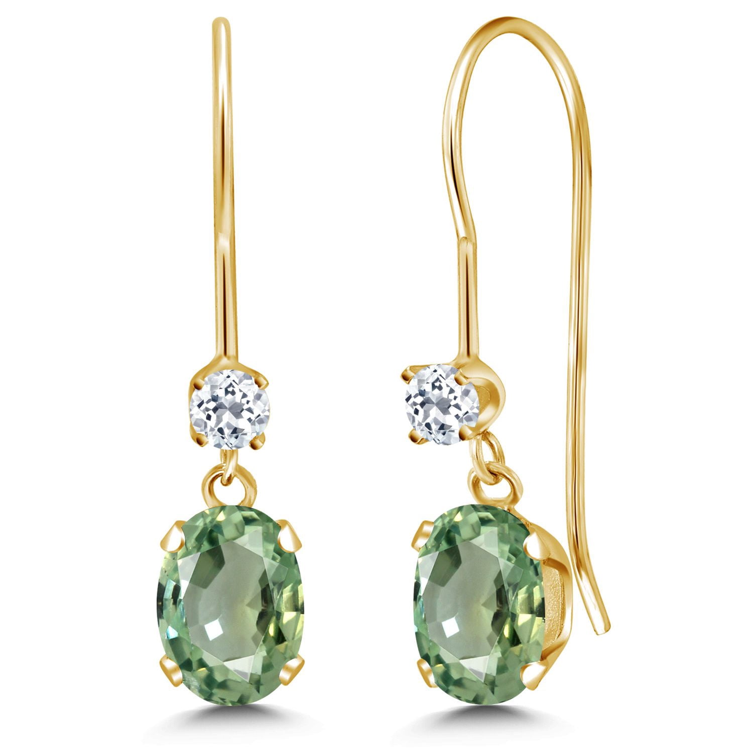 Gem Stone King 14K Yellow Gold Green Sapphire and White Topaz French Wire Dangle Earrings for Women (1.26 Cttw, Gemstone September Birthstone, Oval 6X4MM and Round 2.5MM)