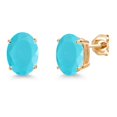 thumbnail image 1 of Gem Stone King 14K Yellow Gold Green Turquoise Double Notch Stud Earrings | 3.00 Cttw | Gemstone Birthstone | Oval 9X7MM | Gold Earrings for Women Men, 1 of 6