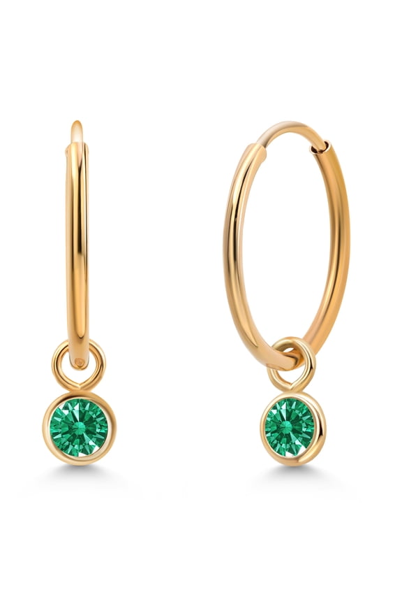 14K Yellow Gold Green Zirconia Snap Closure Continuous Endless Drop Dangle Hoop Earrings for Women (0.22 Cttw, Round 3MM)