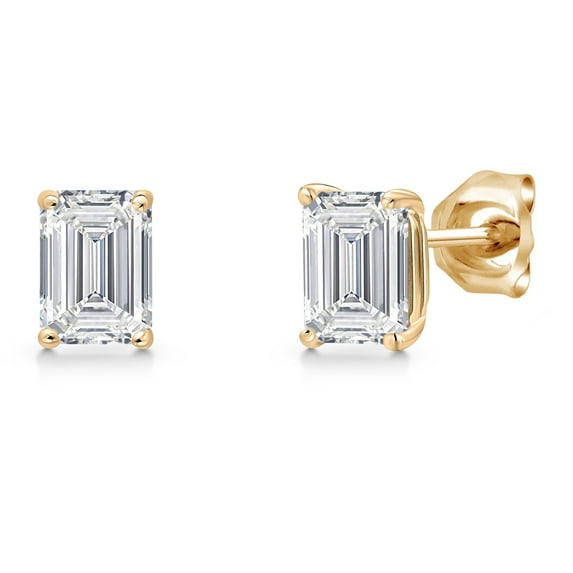 Gem Stone King 14K Yellow Gold Lab Grown Diamond Stud Basket Setting Earrings for Women Men | 1.30 Cttw | Gemstone April Birthstone | Emerald Cut 6X4MM | Double Notch | Gold Earrings for Women Men