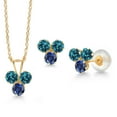 thumbnail image 1 of Gem Stone King 14K Yellow Gold London Blue Topaz and Blue Created Sapphire 3 Stone Pendant and Earrings Jewelry Set for Women (1.20 Cttw, Round 3MM, with 18 inch Chain), 1 of 3